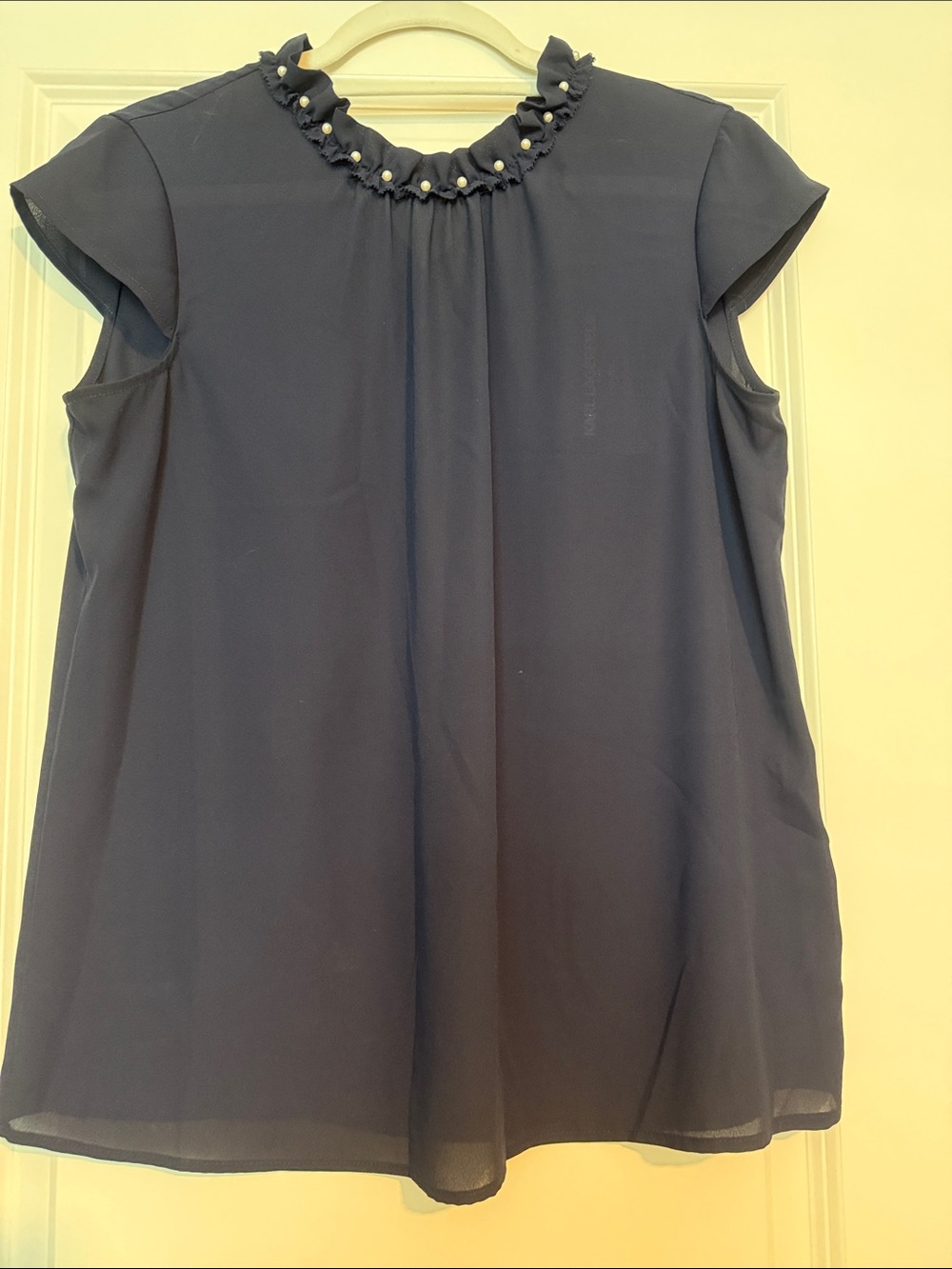 Karl Lagerfeld Navy Cap-Sleeve Blouse with Pearl-Trim Ruffle Neck